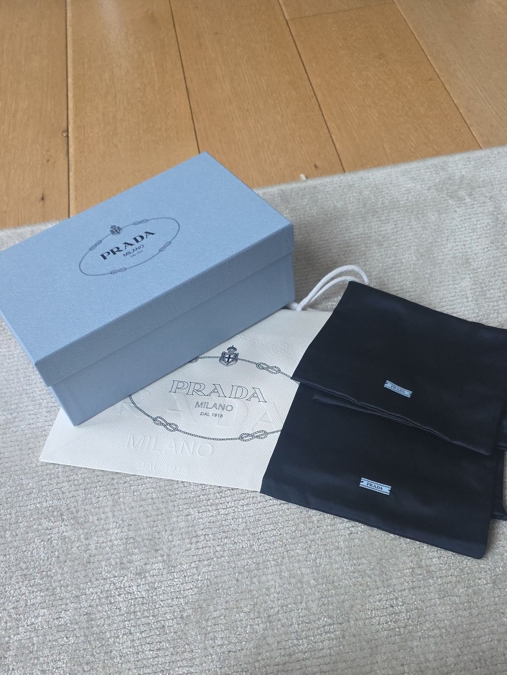 Prada Light Blue Logo Shoe Box with Navy Dust Bags And Logo Shopping Bag